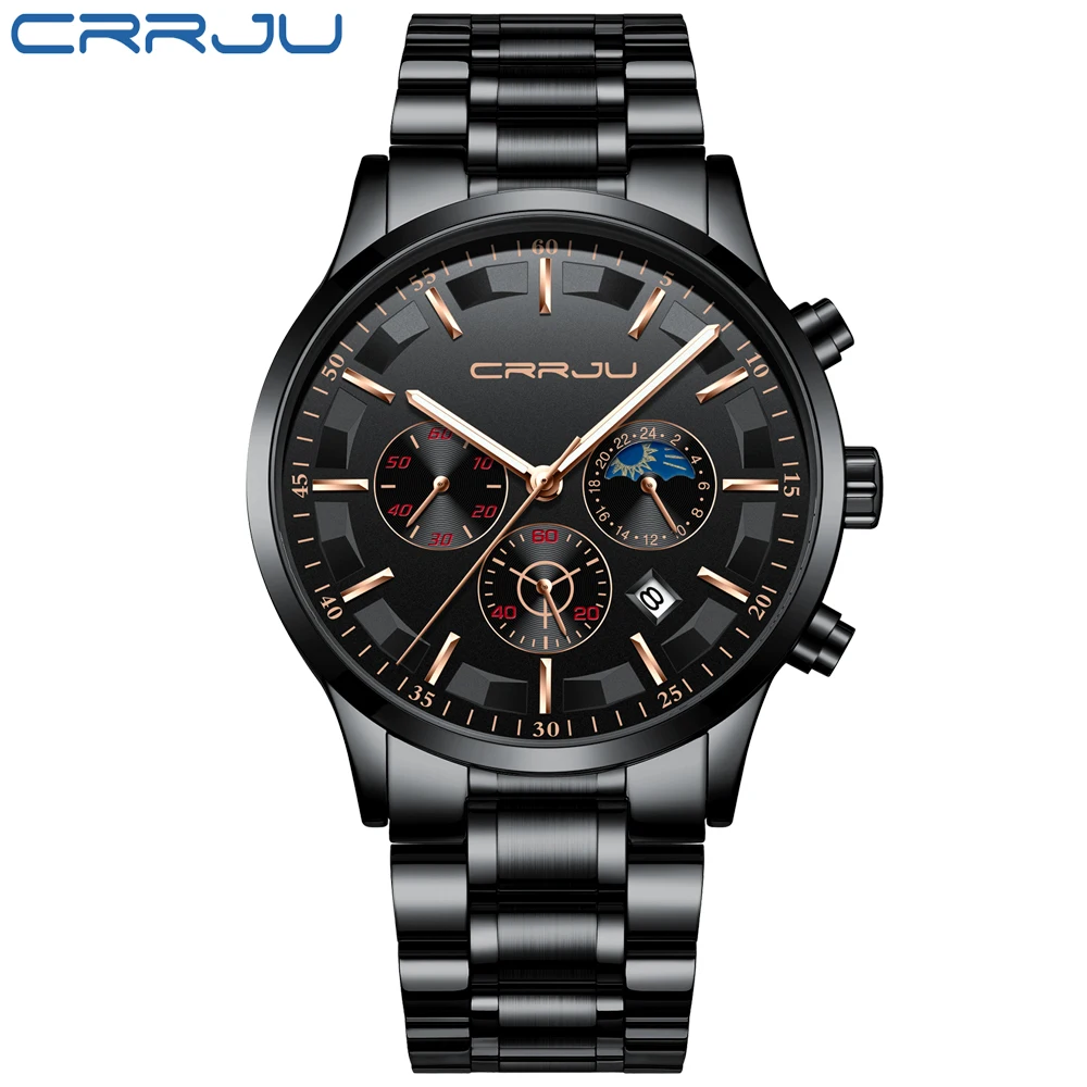 CRRJU Mens Watches Top Brand Luxury Fashion Business Quartz Watch Men Sport Full Steel Waterproof Black Clock Relogio Masculino 2