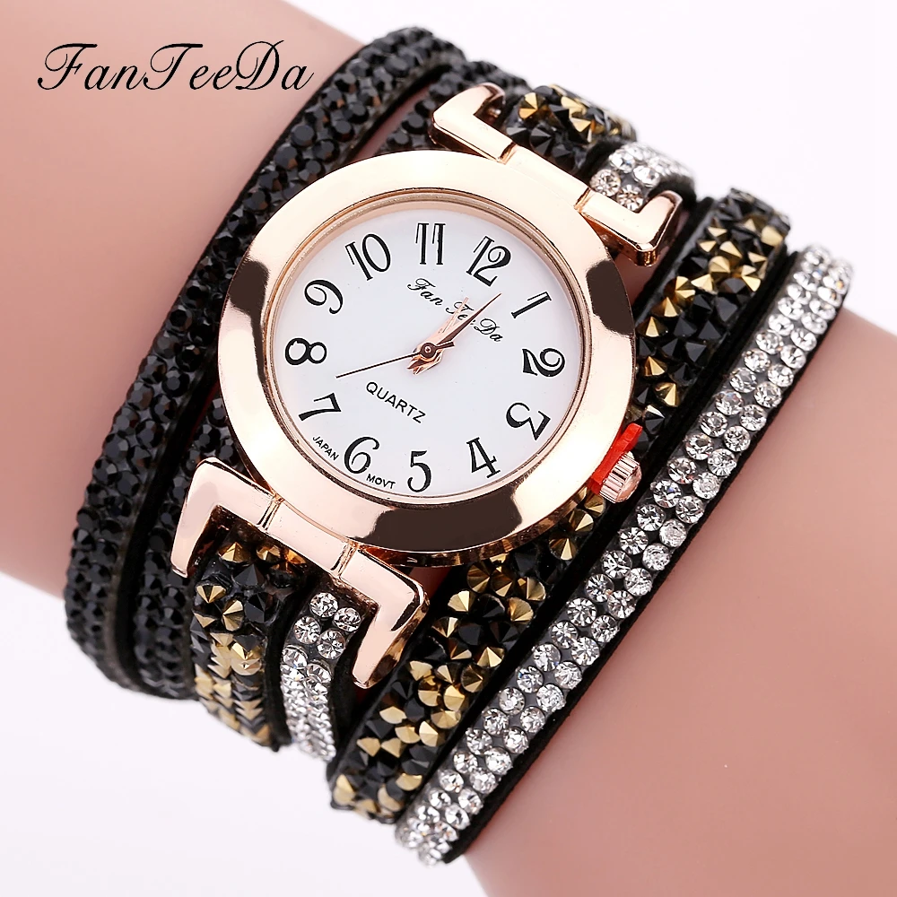 

2017 FanTeeDa Brand Women Watches Luxury Crystal Leather Gold Bracelet Wristwatch Casual Ladies Female Quartz Watch