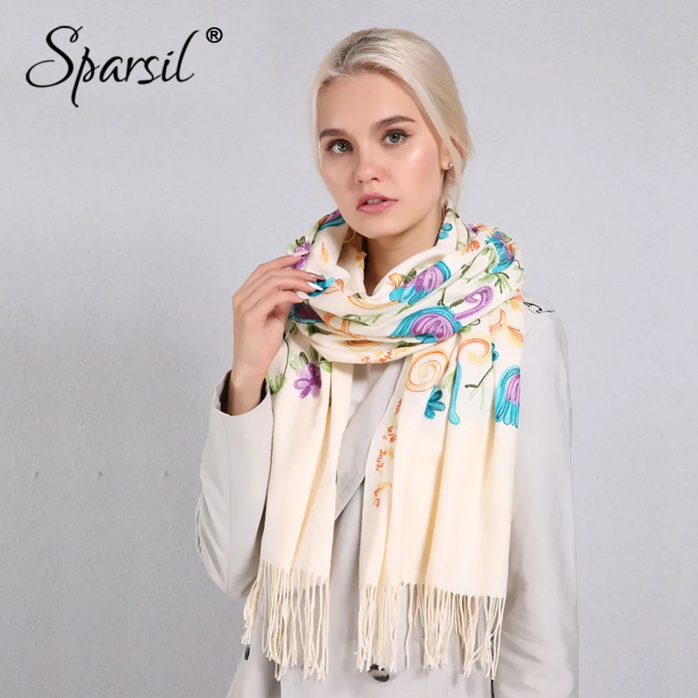 Goedkoop Sparsil Vrouwen Bloemen Borduren Sjaals Herfst Winter Kasjmier Lange Zachte Kwastje Pashmina Tulp Bloemen Wraps 200*70 cm Sjaal
