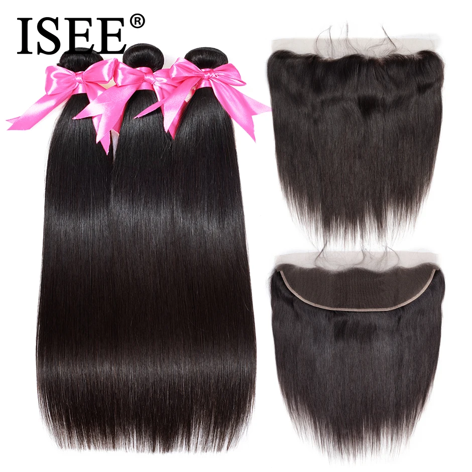 ISEE 3 Bundles Straight Hair Bundles With Frontal Remy Malaysian Human Hair Bundles With Closure 13*4 Pre Plucked Lace Frontal