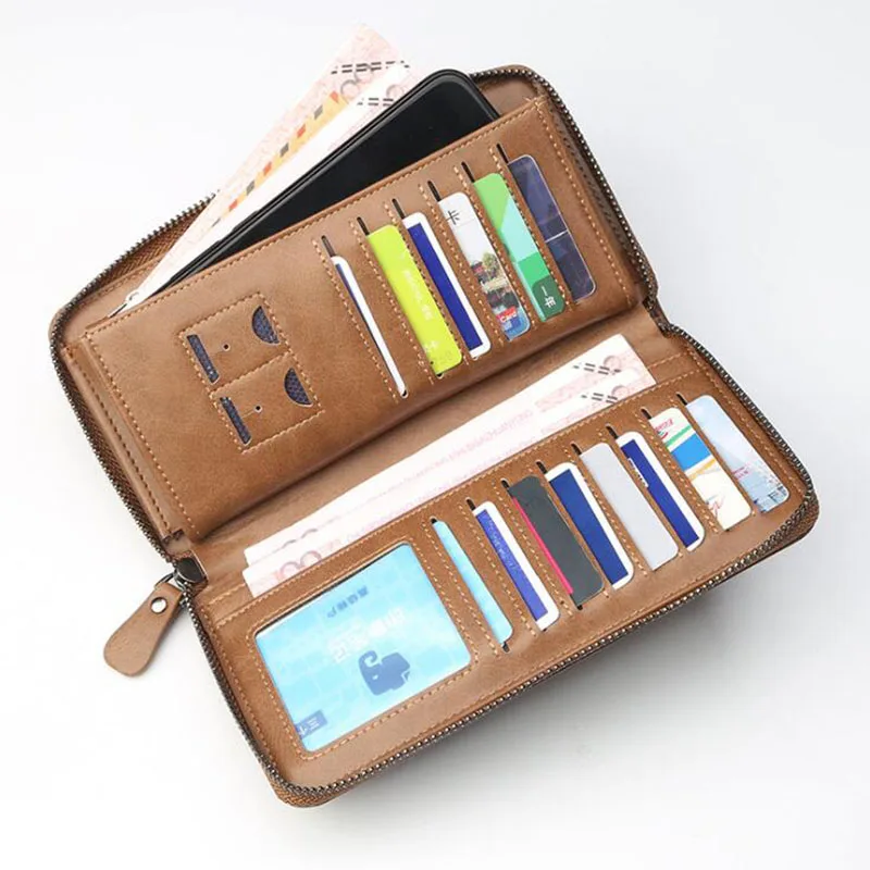 

Business Leather Men Clutch Wallet Brand Male Money Bag Long Zipper Around Casual Purse with Multi Bits Card Holder Phone Case