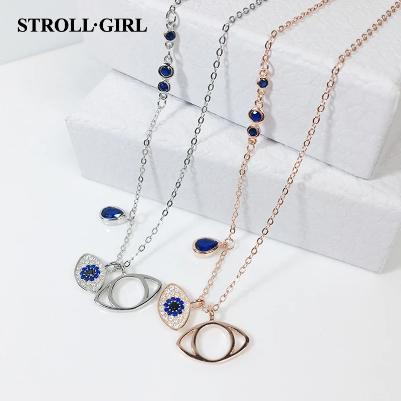 

StrollGirl New Trendy 925 sterling silver evil Eye gold Blue cubic zirconia necklace for Women Fashion Jewelry drop shipping