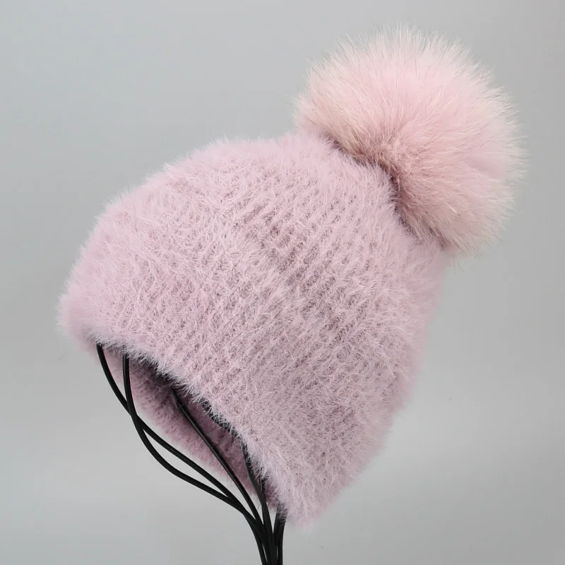 Женская зимняя шапка из искусственного норкового кашемира, шарф, набор из натурального меха лисы, помпоны, шапочки, сохраняющие тепло, шапочки Skullies, Шапка-бини - Цвет: purpleH1P