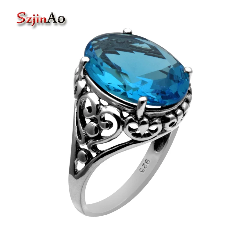 Szjinao Fashion 925 Sterling Silver Ring Blue Topaz Stone Rings for Women Wedding Rings for Men and Women