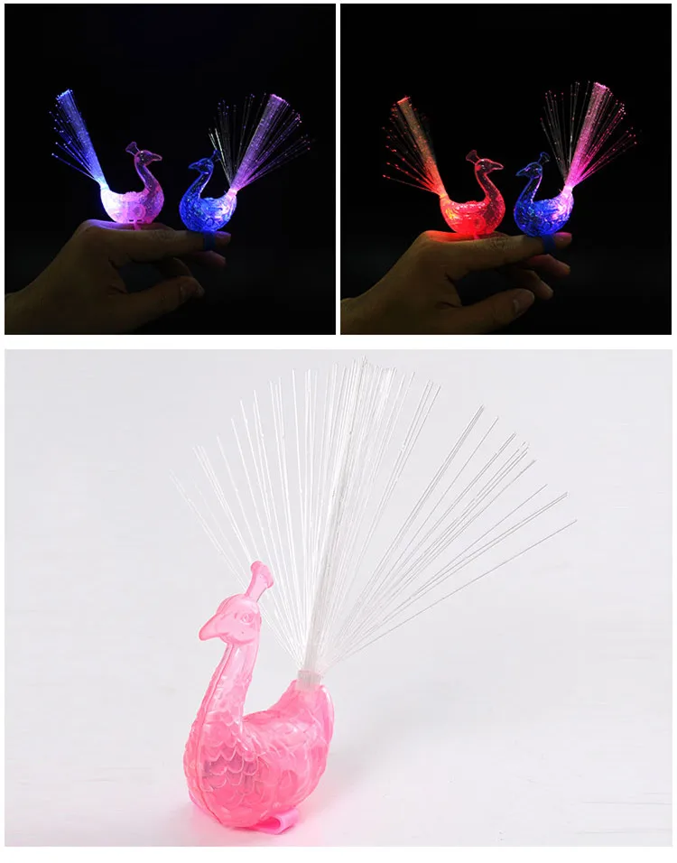 5 Peacock Finger Rings Light Colorful LED Glowing Open Fiber Optic Night Light for Kids Child Adult Party Vocal Concert Supplies