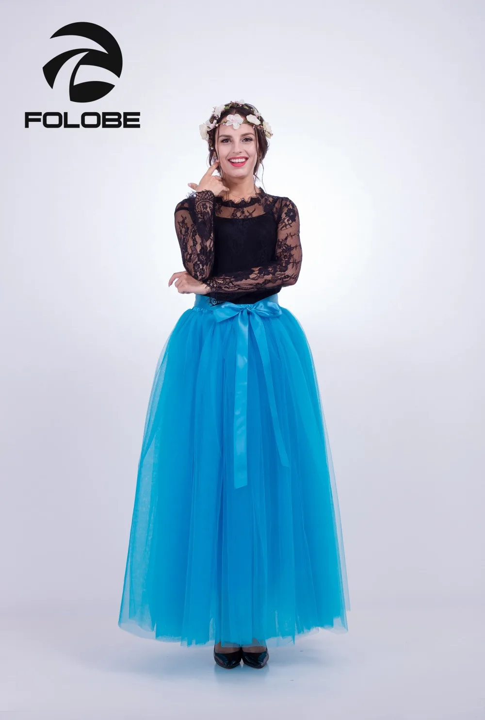 FOLOBE Stock Blue Puffy 7 Layers Tulle Skirt Summer High Waisted Maxi