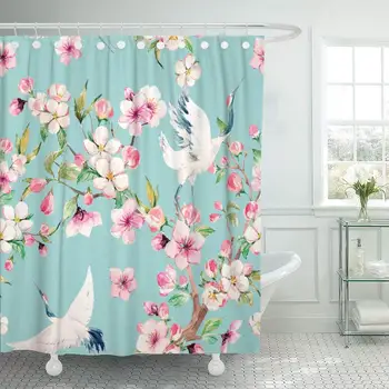 

Shower Curtain with Hooks Watercolor Red Heads Crane Blooming Branch of Cherry Apple Tree Japanese Traditional Bathroom Decor