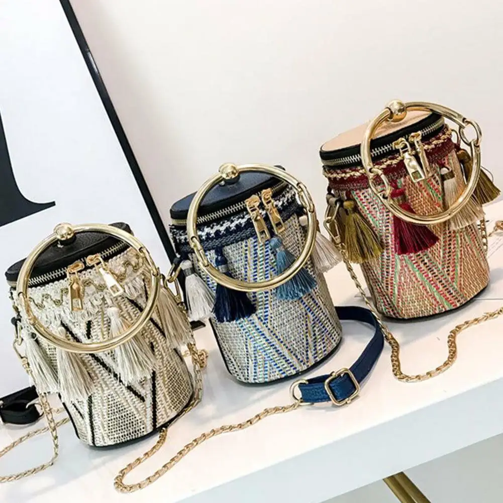 

Fashion Women Ring Handle Straw Handbag Tassels Small Barrel Single Shoulder Bags
