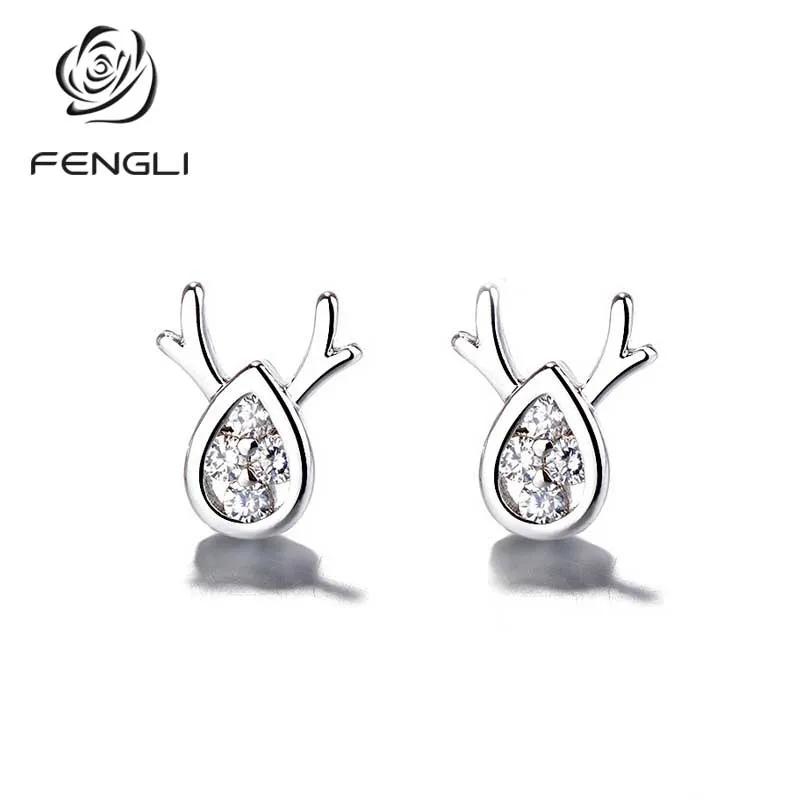 

FENGLI Cute Deer Stud Earring for Women Silver Oval Crystal Earrings Statement Trendy Ear Studs Mini Romantic Animal Jewelry