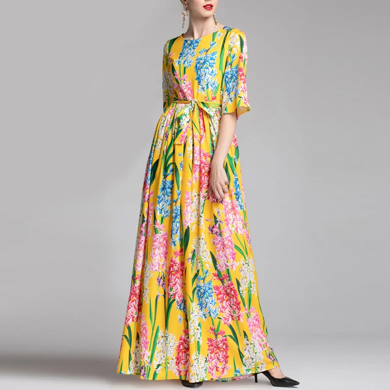 

High quality summer fashion runway Maxi dress Women's Flare Sleeve Amazing Daffodil Print Vintage Belt Beach Floor-Length Dress