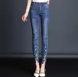 2019 Весна цветок вышитые эластичные джинсовые узкие брюки для женщин повседневные узкие джинсы женский тонкий джинсовые штаны r646