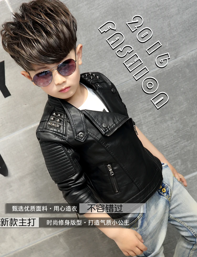 Goedkoop Jongens jas kinderen pu jas mode kid uitloper effen kleur lange mouwen Casual motorjas lente herfst klinknagel koele