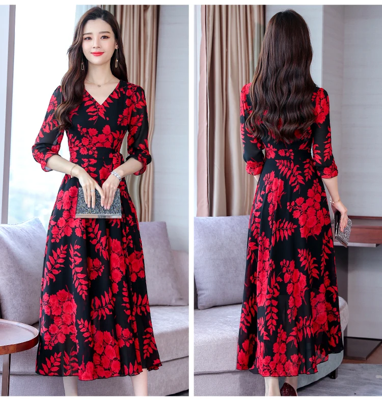 High Quality Plus Size Fashion Autumn New Arrival Collect Waist 3/4 Sleeve FeatherPrinting Woman Long V Neck Chiffon Dress