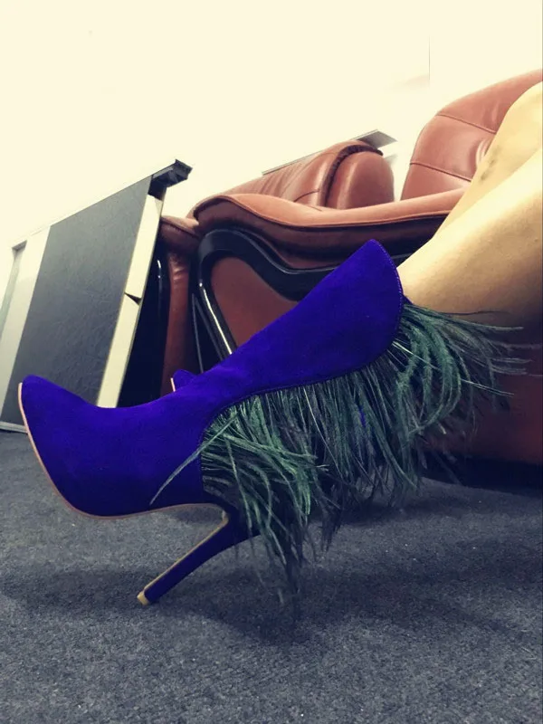 

2017 Hot Sale Spring Autumn Dress Shoes Women Pointed Toe High Heel Botas Mujer High Quality Feathers Embellished Ankle Boots