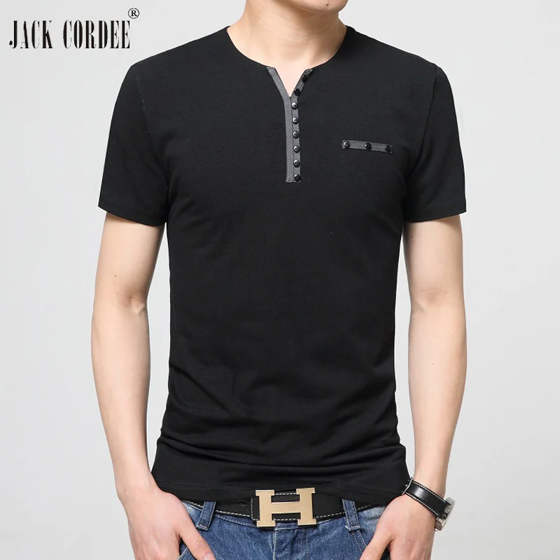 

JACK CORDEE 2018 T-shirt Short Sleeve T shirt Men Botton V-neck T Shirts Cotton Tshirt Slim Fit Tee Shirt Homme Plus Size 5XL