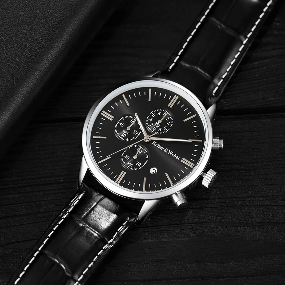 Keller & Weber Mens Watches 30m Waterproof Quartz Business Watches Date Display Genuine Leather Band Relogio Masculino Best Gift (5)