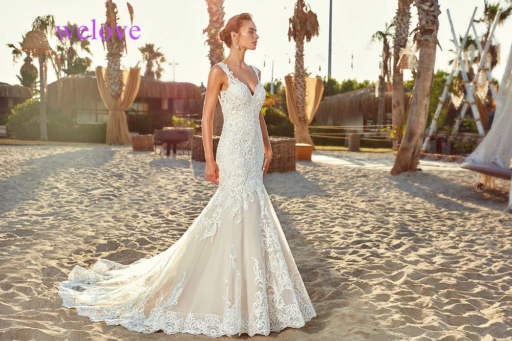 След De Noiva Новое поступление Сексуальная спинки кружева пляж свадебное Dresses2019Mermaid кружевная Апликация Свадебные платья Boho халат de mariée