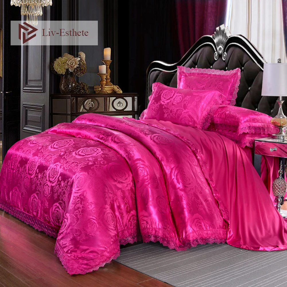 

Liv-Esthete European Luxury Rose Red Satin Jacquard Bedding Set Lace Side Duvet Cover Flat Sheet Pillowcase Queen King Bed Linen