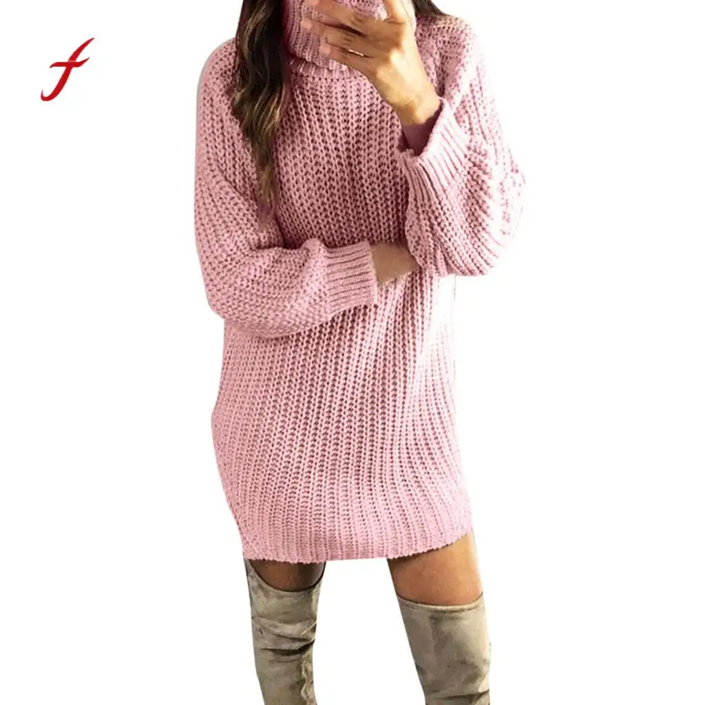

Feitong Women'S Dresses Casual Turtleneck Long Sleeve Solid Sweater Pullovers Sexy Mini Dress Decoration Women'S Summer Sundress