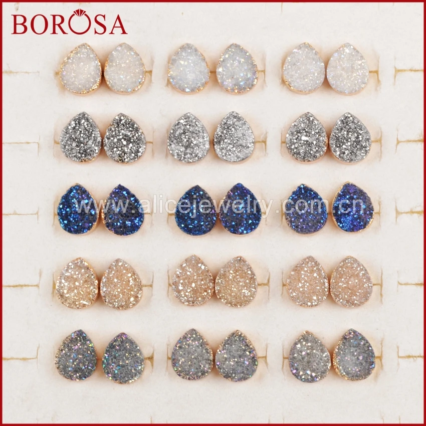 Женские серьги пусеты BOROSA 1 пара золотых кристаллов с натуральным кристаллом Druzy