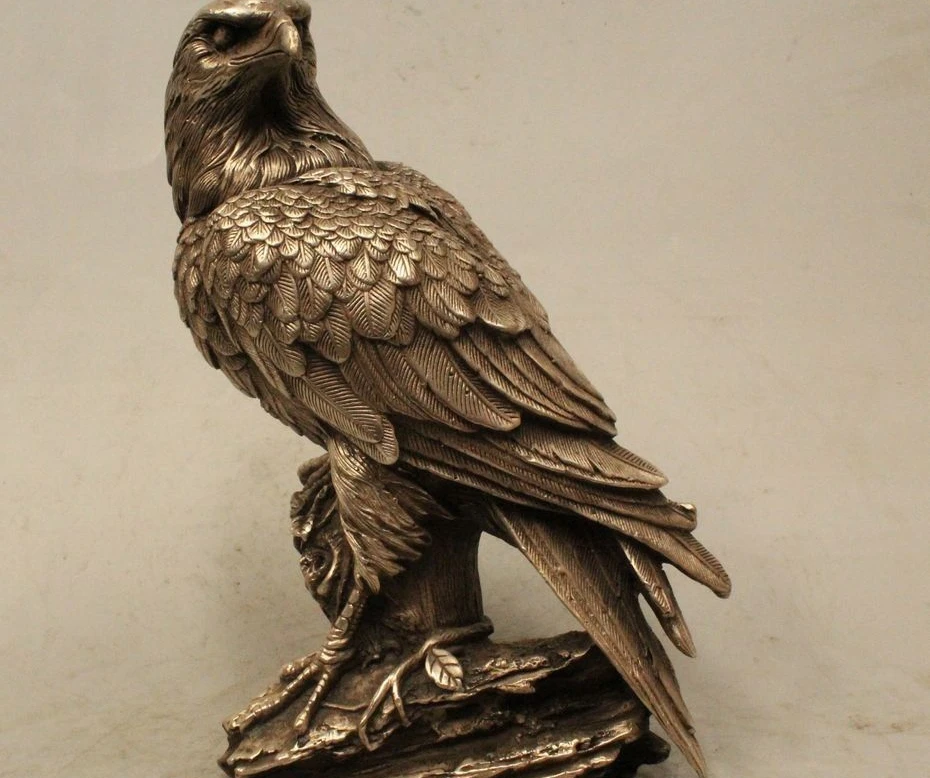 

9" Marked Ferocious Chinese Silver Arabia Hawk Eagle Bird Figures Statue