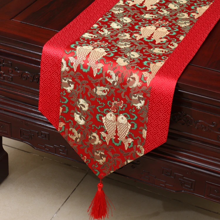 

Patchwork Pisces Jacquard Silk Satin Table Runner Luxury Chinese Dining Table Cloth Rectangular High End Coffee Table Mat