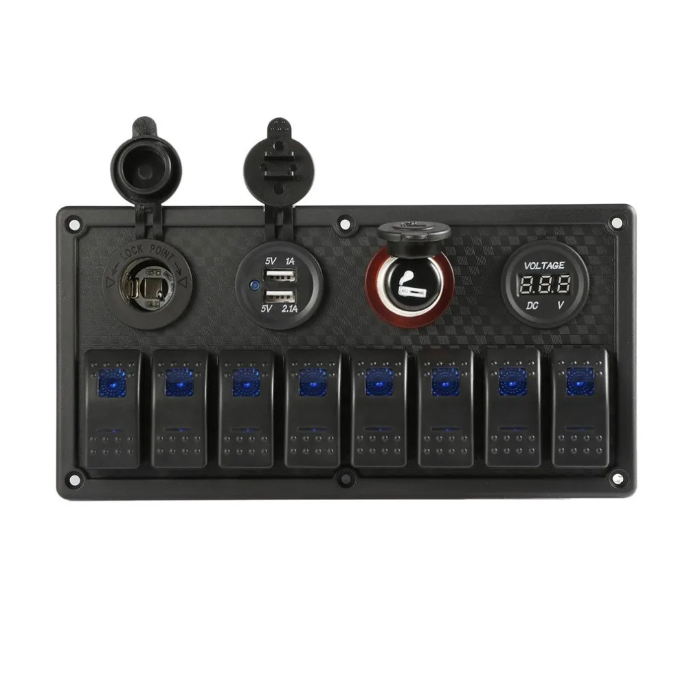 

New 8 Gang 12-24V Rocker Switch Panel Control Car Marine Boat Voltmeter IP65 Waterproof Dual USB Charging Ports Durable Material