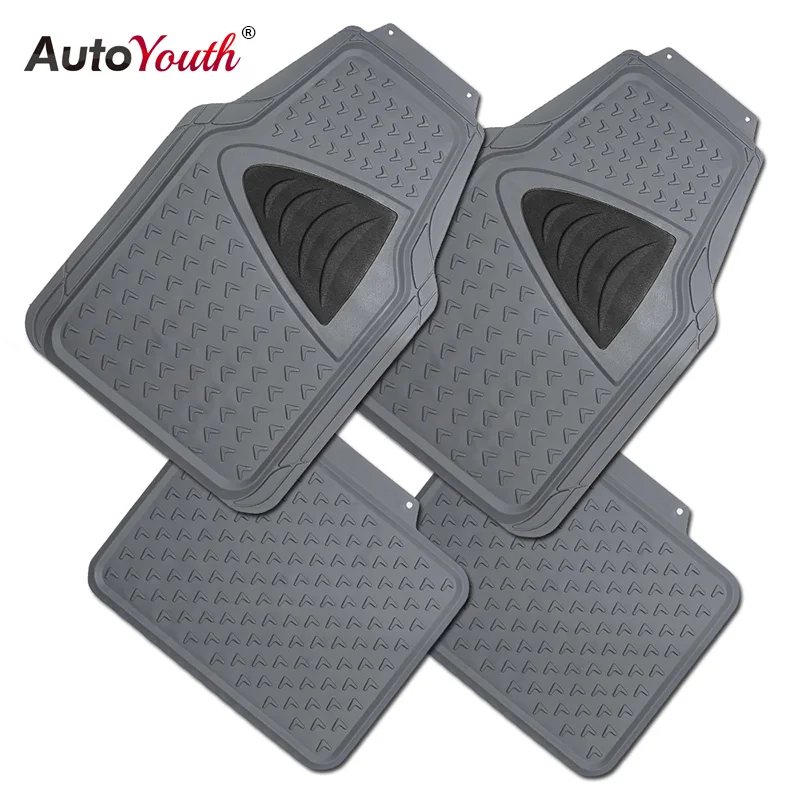 AUTOYOUTH Car Rubber Floor Mats Universal Fit , 2 Tone Color, Trimmable Fit, 4 Piece Set (Gray