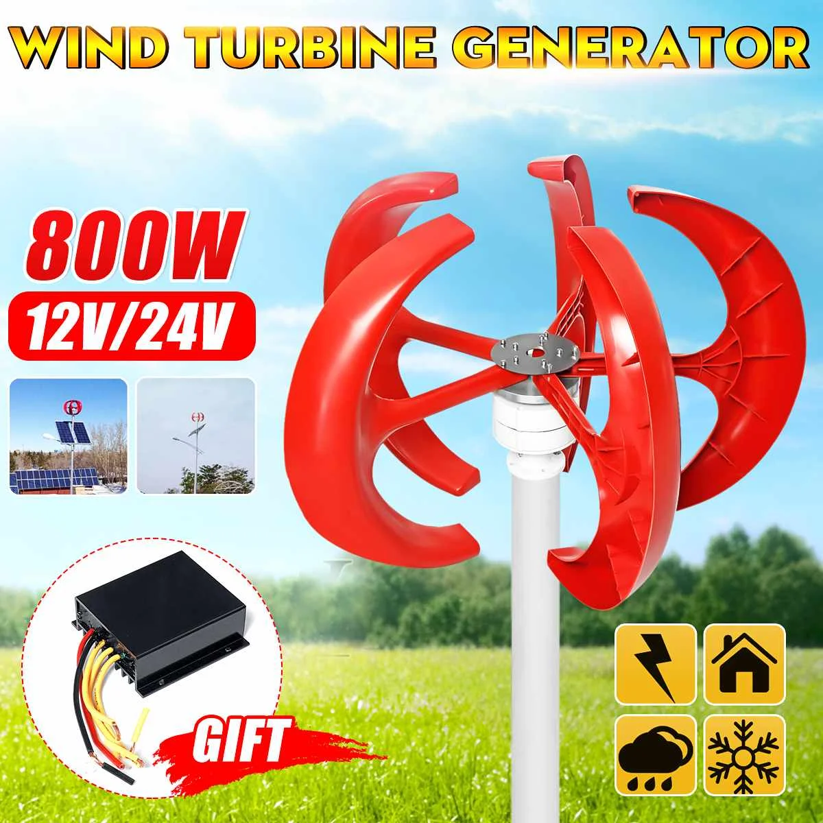 

5 Blades 800W Vertical Axis Wind Turbines Generator Lantern 12V 24V Motor Kit Electromagnetic For Home Hybrid Streetlight Use
