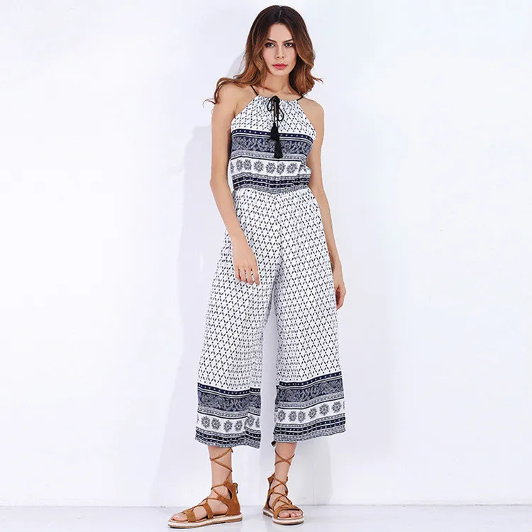 Lady Boho Women Bohemian style Halter Patten White Jumpsuits For Women