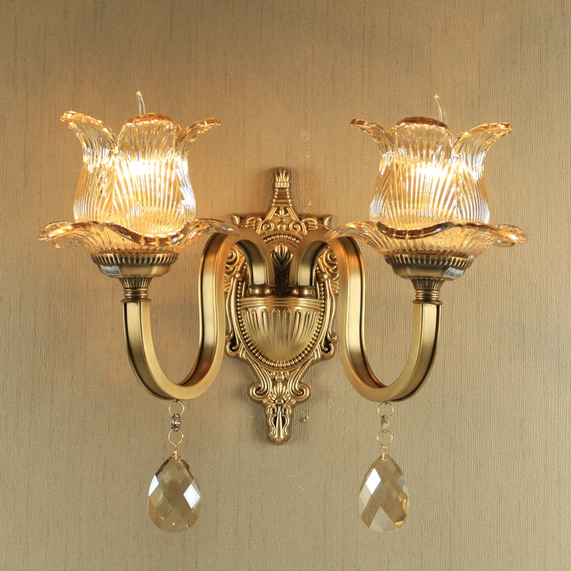 All Copper Living Room Retro Wall Lamp Bedroom Creative Candle Crystal Lamp Corridor Lamp antique bronze wall lights led