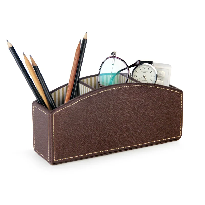 Customized 3 Blocks Pu Leather Pen Holder With Divider Pen Pots