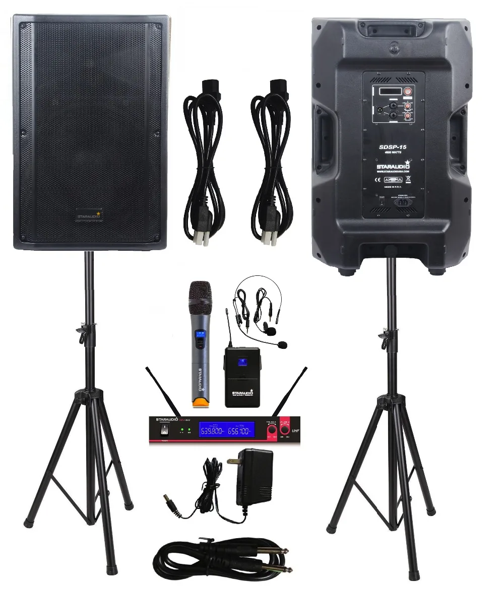 

STARAUDIO 2Pcs Pro PA DJ 4500W 15" 4 Ohm Powered Active Stage DSP Speakers W/ Stands 2CH UHF Microphone System SDSP-15