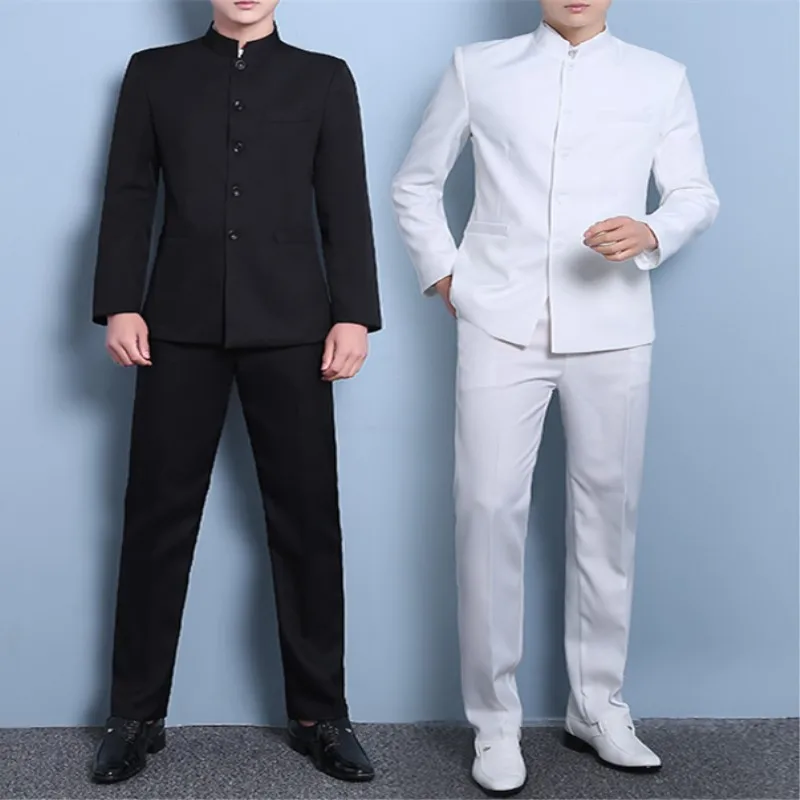 Livraison-gratuite-style-Chinois-mince-mens-stand-tunique-col-solide-blanc-couleur-mince-robe-costume-hommes_