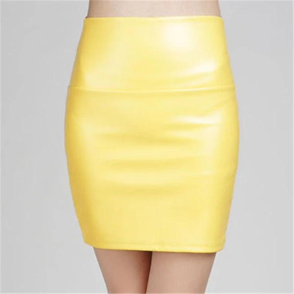 Зимние женские облегающие мини юбки из искусственной кожи, 14 цветов, сексуальная модная Клубная кожаная юбка-карандаш, однотонная Повседневная SMT-A019 с высокой талией - Цвет: Цвет: желтый