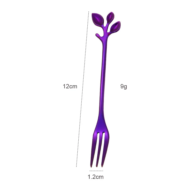 Tofok ложка из нержавеющей стали, ветка, лист, фруктовая вилка, ложка для размешивания кофе, подарочная посуда в скандинавском стиле, красочные десертные столовые приборы - Цвет: Purple Fork