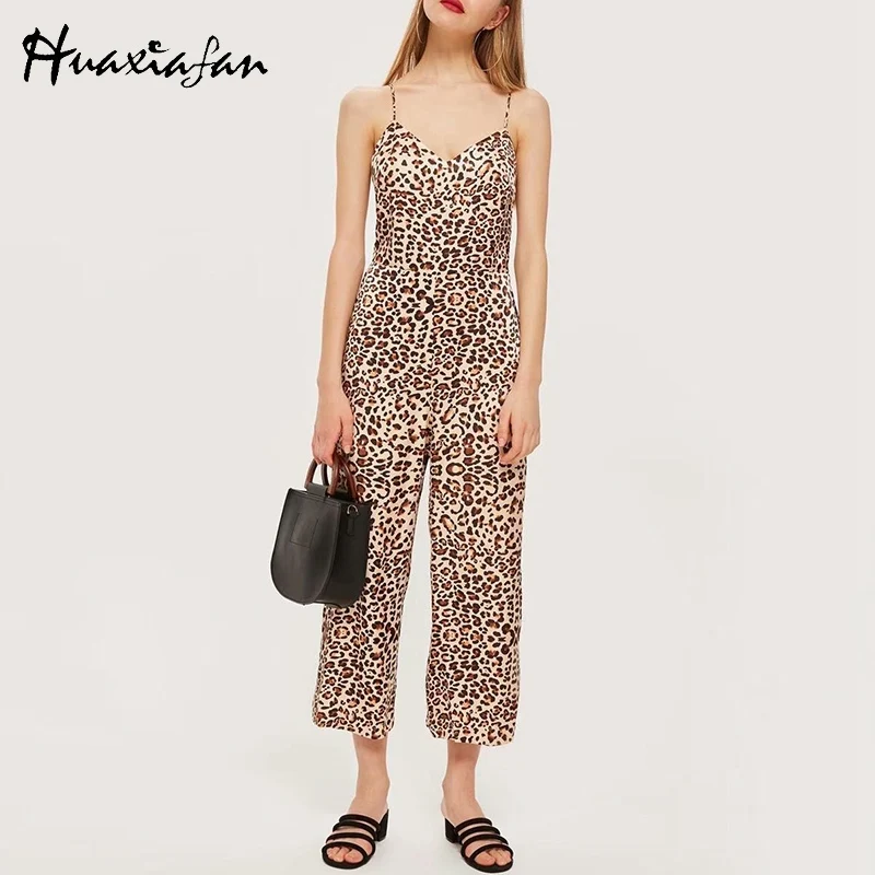 Huaxiafan Strap Jumpsuits For Women Vintage Leopard Print Ankle-Length Pants Backless Long Rompers Womens Overalls Female 2019