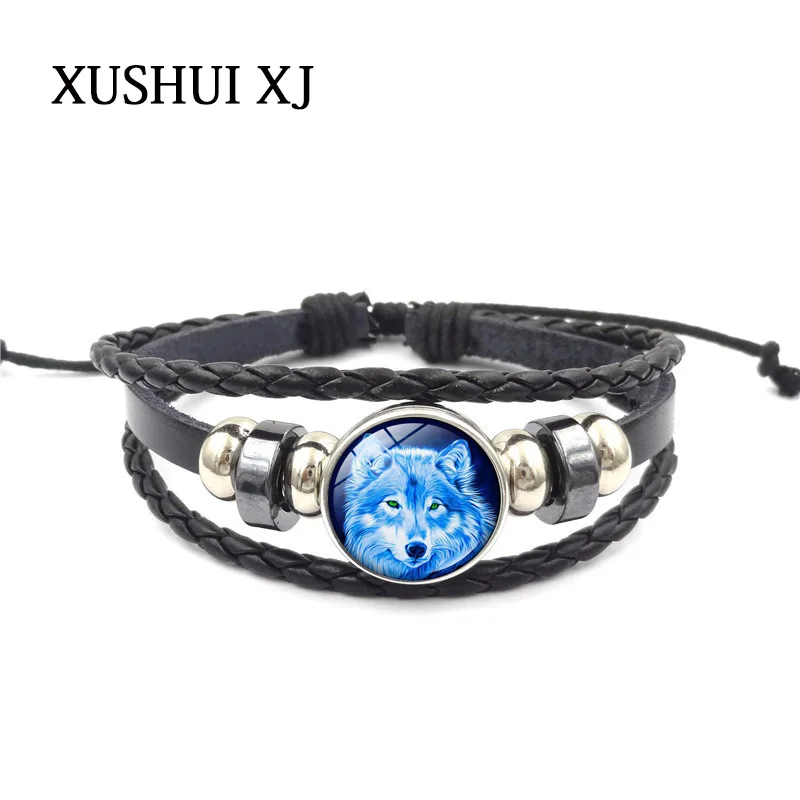 Модный черный кожаный браслет XUSHUI XJ с головой волка стеклянная металлическая