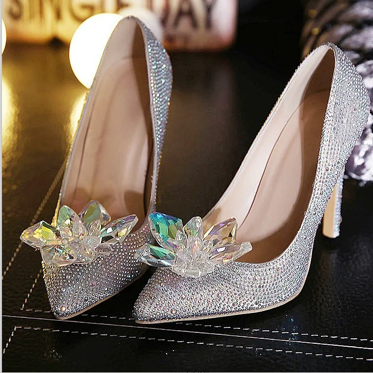 Size 4~9 Cinderella Wedding High Heels Women Pumps Silver Crystal Shoes ...