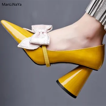 

Patent Leather Detachable Butterly-knot Women Pumps Two Wearing Style Pointed Toe High Heels Slip on Round Heel Women High Heels