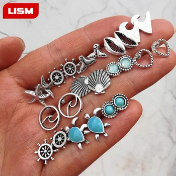 

Bohemian Starfish Wave Turtle Shell Stud Earrings Set For Women Geometric Round Heart Earring Brincos BOHO Vintage Jewelry