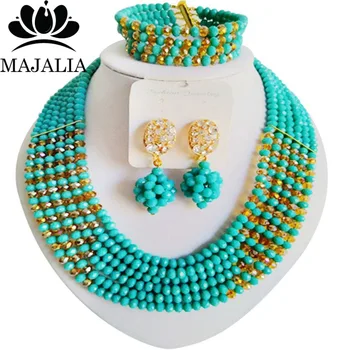 

Majalia Fashion Aqua blue and Gold champagne Nigerian Wedding African Jewelry Set Crystal Necklace Bride Jewelry Sets 6CF021