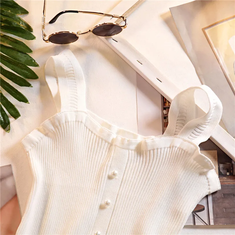 New Autumn Chi Knitted Women's Tank Top Slim Pearl Button Vintage Girls Cropped Female Women Tanktops t shirt Clothing (18)
