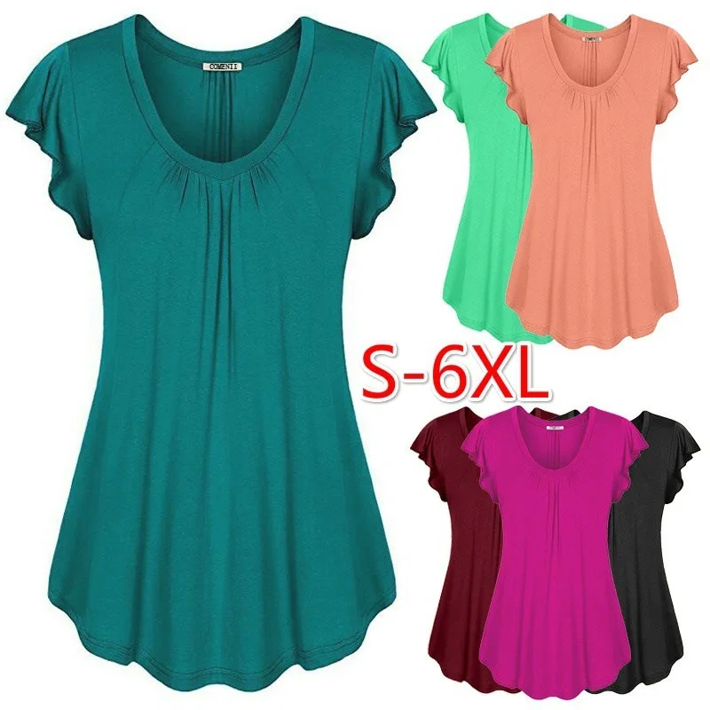 Skup Darmowa Wysy艂ka Ruffles Kr oacute;tkie R臋kawy Plisowane 6XL Big Plus Size Kobiece Lu藕ne Kobiet Najni偶szy Sp oacute;dnica Topy Bluzki Camisetas Mujer