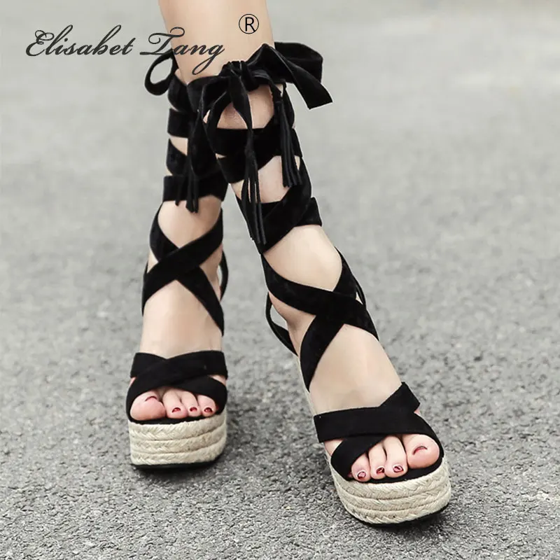 

ElisabetTang Summer Women Sandals Sexy Cross Ankle Strap Fashion Comfortable Wedges High Thick Heel Shoes Solid Black Heels Shoe