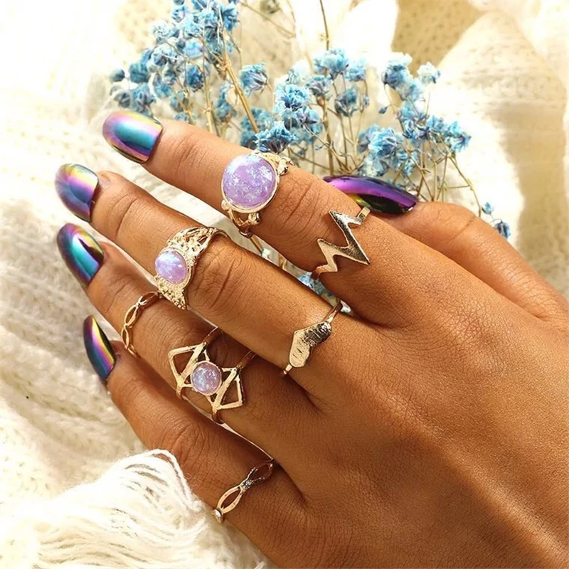 

New Fashion Gold Heart Big Stone Knuckle Ring Set Bijoux Femme Bohemian Geometric Round Midi Rings For Women Jewelry Accessories
