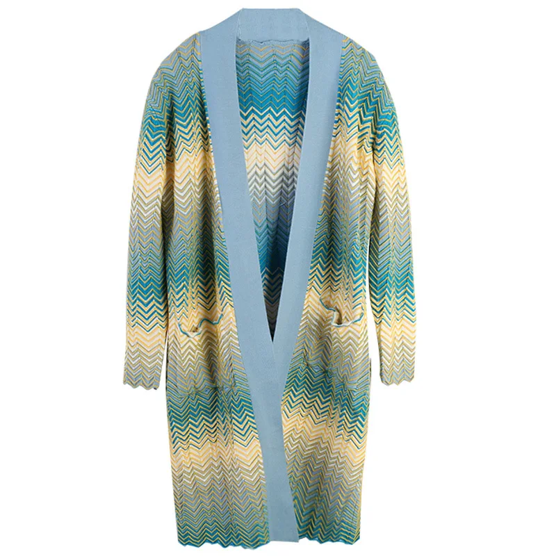 

GRUIICEEN long autumn striped pattern cardigan coat women open stitch knitting sweater cardigan with pockets GY201964