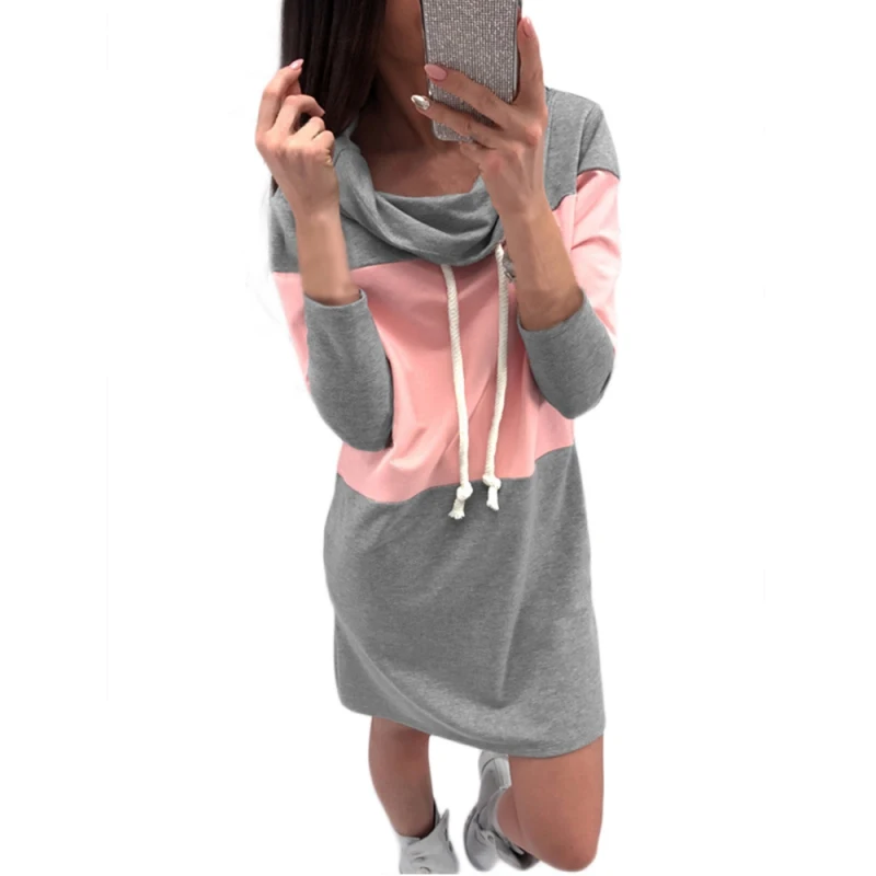 

New 2017 Women Block Drawstring Hooded Tops Pink and Gray Pullovers Long Sleeve Patchwork Women Hoodies Sweatshirts