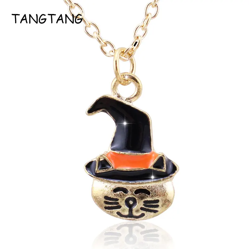 

Halloween Jewelry Gifts Enamel Face with Cat Pendant Necklace For Women Gold Color 18" Rope Chain Neck Collar Colar Femme Bijoux