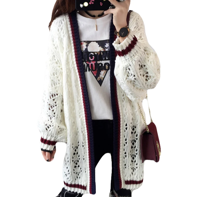 

2017 Spring Women Long Sweater Coat Loose Long Sleeve Knitted Cardigans Female Hollow Out Crochet Plus Size Outwear Autumn XH121